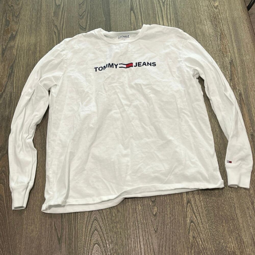 Tommy Jeans Mens Long-Sleeved Logo Top Crewneck Pullover Cotton White Size L